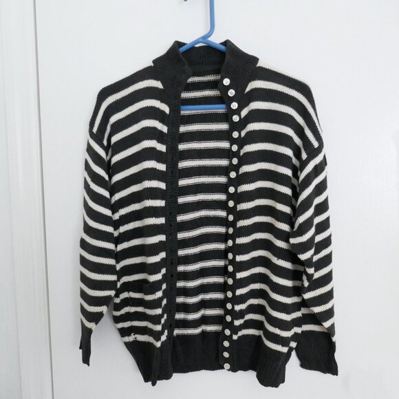 vintage 80s charcoal gray white stripe mock neck drop shoulder cardigan sweater - Picture 5 of 5